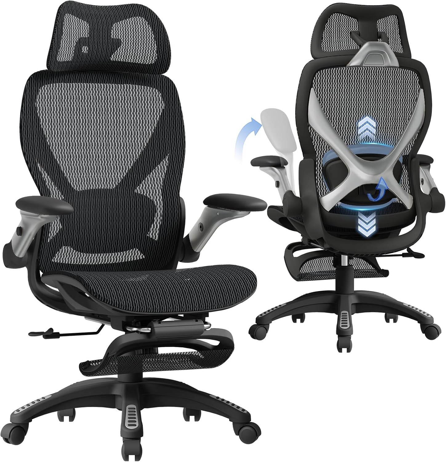 ELABEST X100 Ergonomic Mesh Office Chair with Footrest, Big and Tall Hone Desk Chair with 5D Flip-Up Arms, Adjustable 3D Lumbar Support,Gaming & Executive Computer Chairs