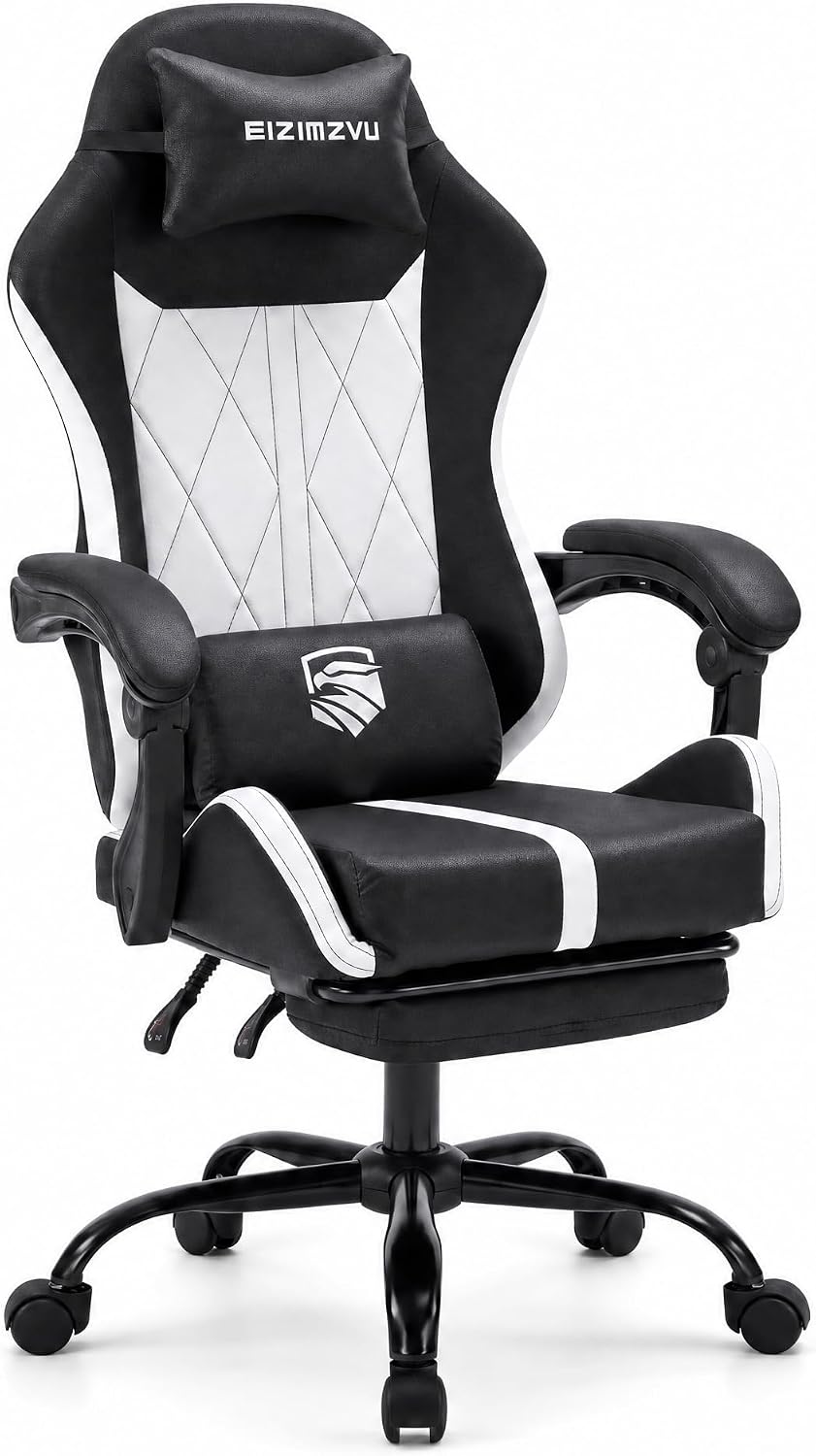 Mid Back Gaming Chair with Footrest, 90°-135° Reclining Computer Chair with Headrest and Lumbar Pillow, Linked Armrests, Height Adjustable 360° Swivel Rolling Office Chair